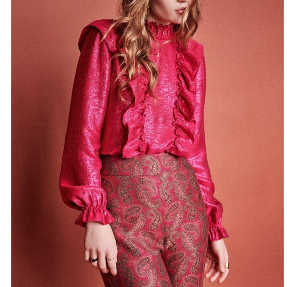 Sezane Filomene Blouse Smocked Mock Neck Ruffled Metallic Pink Size 34 XS